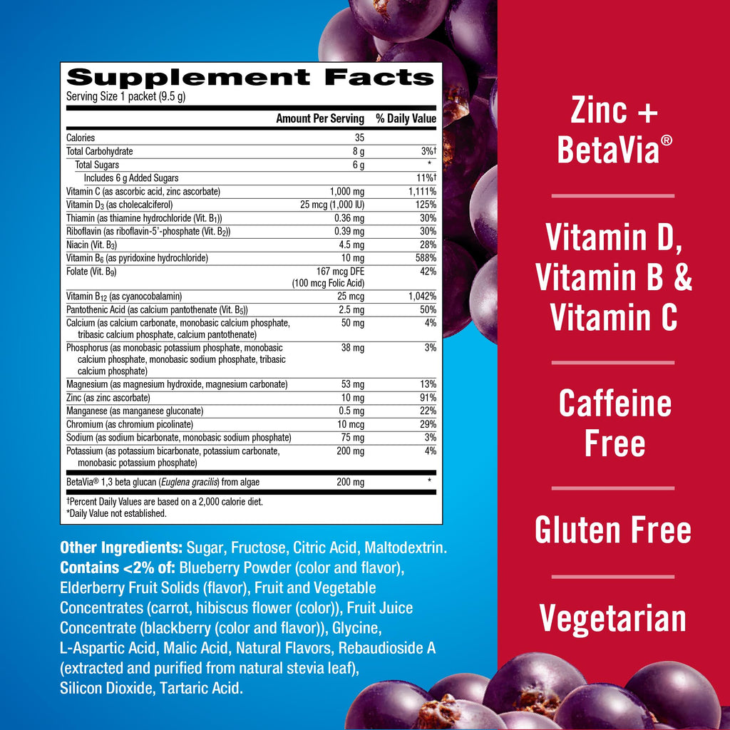 Emergen-C Immune+ Triple Action Immune Support Powder, BetaVia (R), 1000mg Vitamin C, B Vitamins, Vitamin D and Antioxidants, Elderberry – 18 Count
