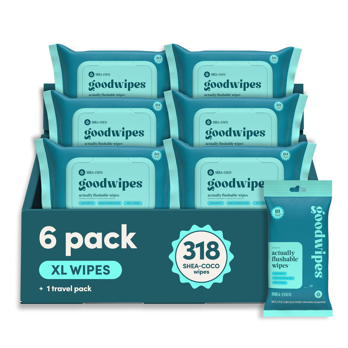 goodwipes Flushable Wipes - Shea-Coco, 318 Wipes (6 Pack + 1 Travel Size)