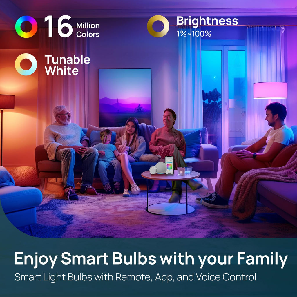 Linkind Smart Light Bulbs with Remote Control, Smart Bulb that Work with Alexa & Google Home, 16 Million Color Changing Light Bulbs 60W, A19 E26 2.4Ghz WiFi Light Dimmable,1800K-6500K,800lm 4 Pack