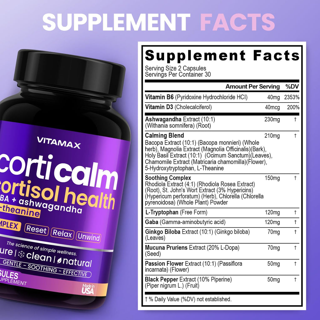 Cortisol Supplements for Women and Men - L-Theanine, Ashwagandha, GABA - High Cortisol Manager Reducer - Relaxation, Mood & Stress Support - Ginkgo Biloba, Bacopa Monnieri, 5-HTP - Made in USA