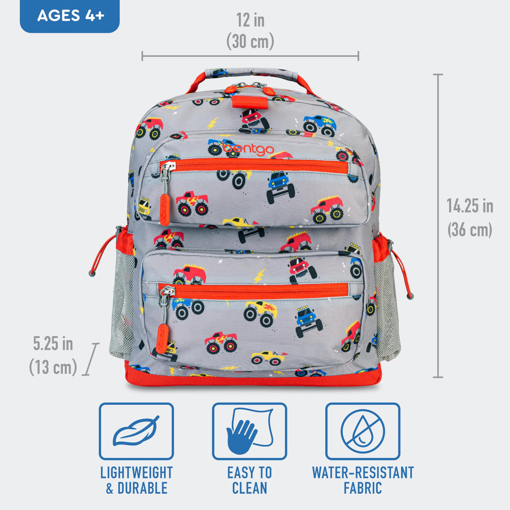 Bentgo Kids Backpack - Lightweight 14” Backpack in Fun Prints for School, Travel, & Daycare, Ideal for Ages 4+, Roomy Interior, Durable & Water-Resistant Fabric, & Loop for Lunch Bag (Trucks)