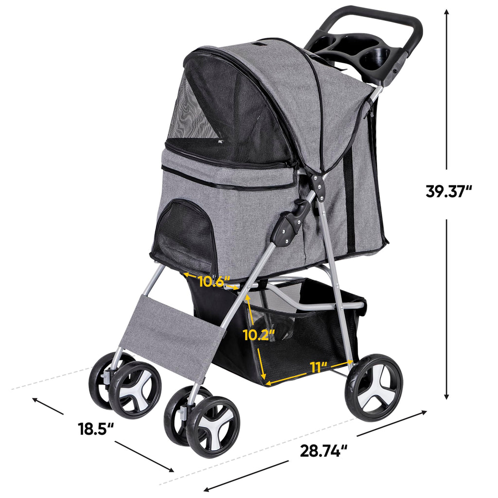 ZENY Foldable Pet Stroller, Cat/Dog Stroller with 4 Wheel, Pet Travel Carrier Strolling Cart with Storage Basket, Cup Holder (Grey)