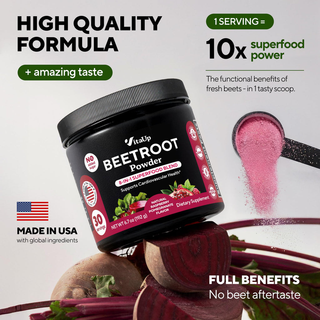 VitaUp Beet Root Powder 8 in 1 – USA Made Beets Powder Supplements with Grape Seed, Hawthorn, Coq10 – with Organic Beetroot for Energy & Circulation Support – Non-GMO, Mixed Berry Flavor, 30 Serving