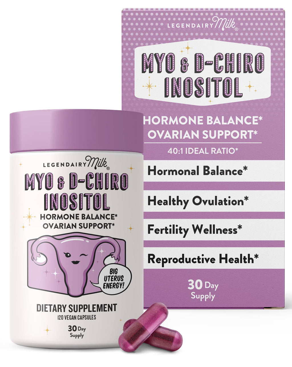 Legendairy Milk Pure Myo-Inositol & D-Chiro Inositol, PCOS Supplements Inositol Supplement for Women, Hormone Balance 40:1 Ratio Ovarian Support, Fertility Supplement | 2000mg, 120 Vegan Capsules