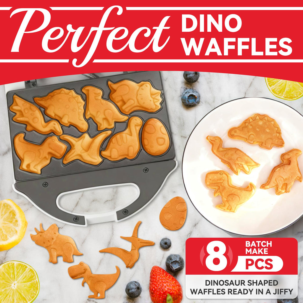 SugarWhisk Dinosaur Mini Waffle Maker for Kids, Mini Pancake Maker Machine for Halloween, 8 Different Shaped Dinos in Minutes, Electric Non-Stick Waffle Iron, White