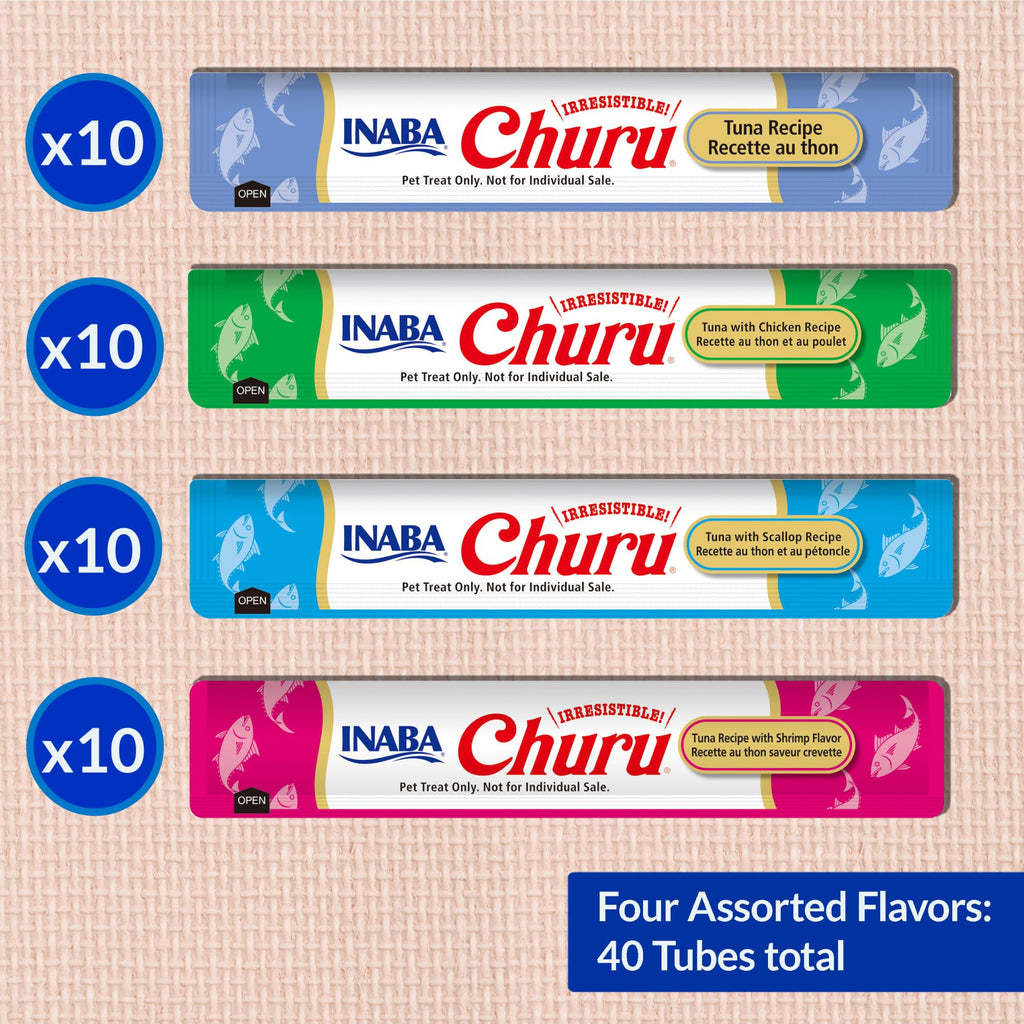 INABA Churu Cat Treats, Lickable, Squeezable Creamy Purée Cat Treat with Green Tea Extract & Taurine, 0.5 Ounces Each Tube, 40 Tubes, Tuna & Seafood Variety Box