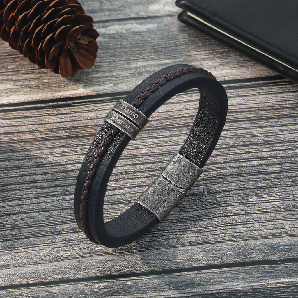 Jeweidea Gifts for Father's Day Personalized Leather Bracelet with Name Beads, Custom Braided Bangle Engraved Jewelry for Men Dad Him Husband (2 Names)