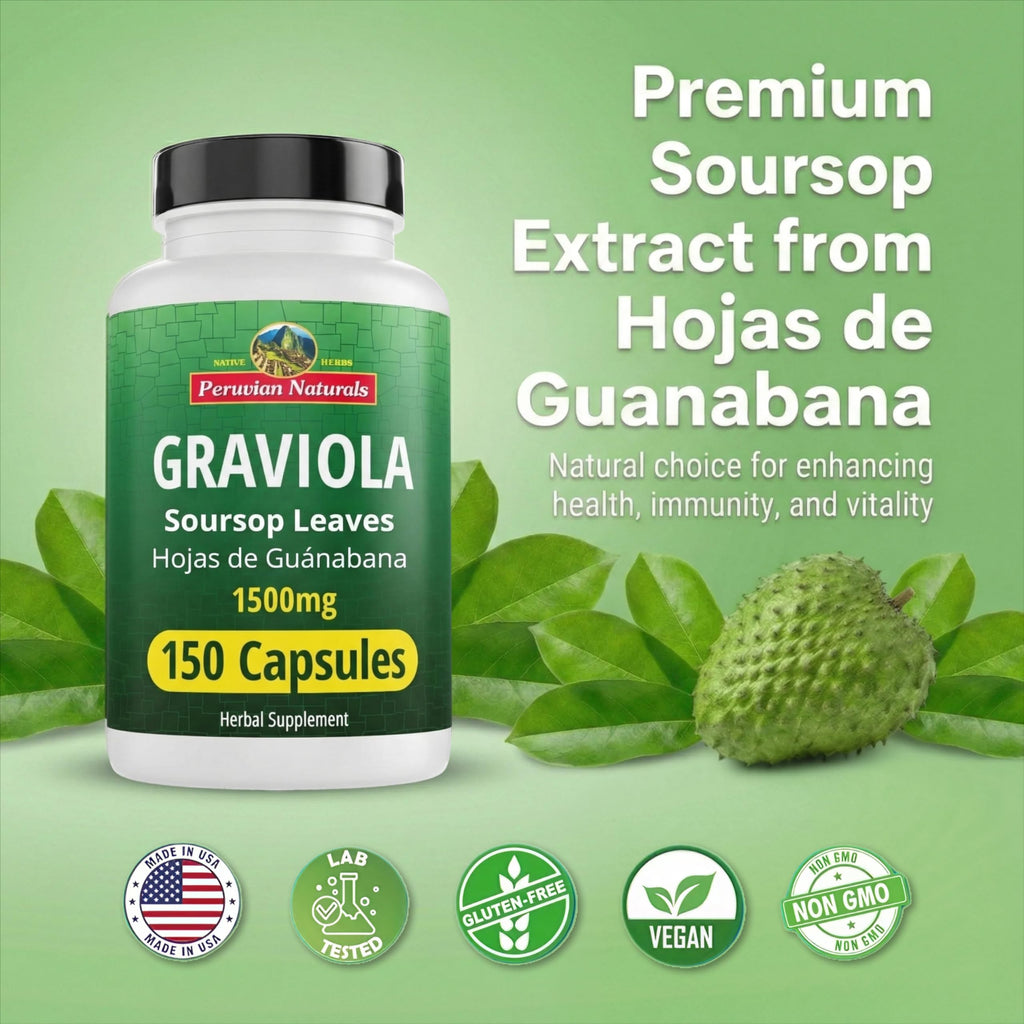 Peruvian Naturals Graviola Capsules, 1500 mg Soursop Leaf Extract from Hojas de Guanabana, Non-GMO, Vegan & Gluten-Free Herbal Supplement, 300 Count