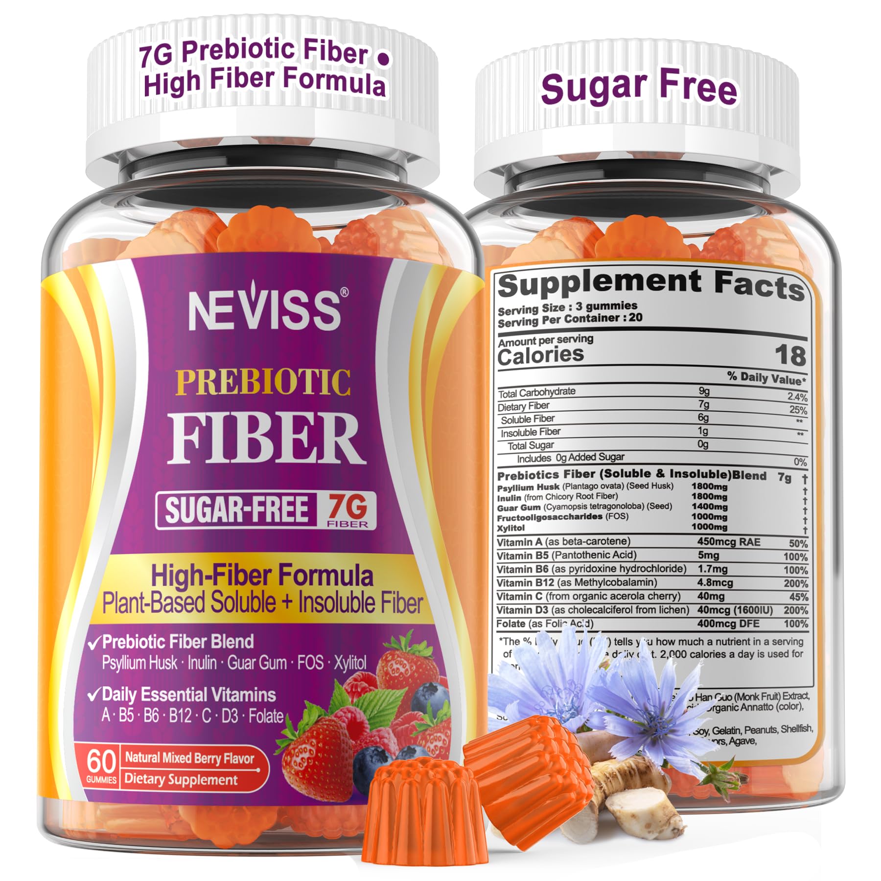 1Pack Fiber Gummies for Adults with Psyllium Husk, 7G(Soluble + Insoluble) Daily Prebiotic Fiber with Inulin, FOS, Guar Gum, Multivitamins for Daily Digestive Health, Regularity Gut Support,Sugar Free
