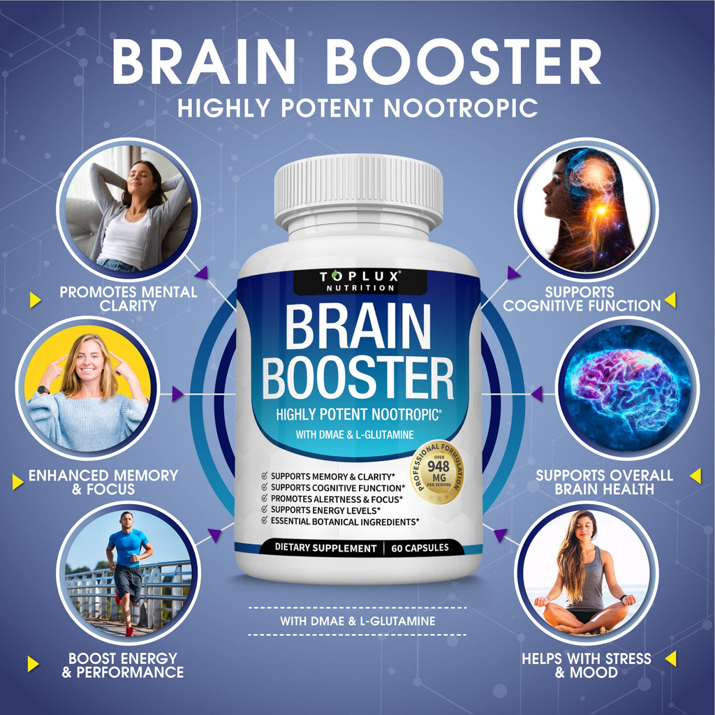 Toplux Brain Supplement Nootropic – Brain Pills Vitamin with DMAE, Bacopa Monnieri, L-Gutamine, for Men Women, 60 Capsules, Nutrition