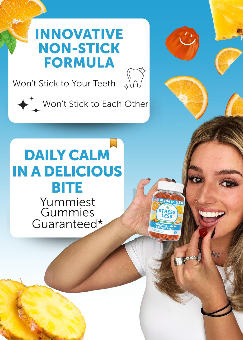 Lunakai USA Made Calm & Stress Relief Gummies – Delicious GABA + L-Theanine Calming Supplement for Adults & Kids – Natural Stress Support - 3 Pack