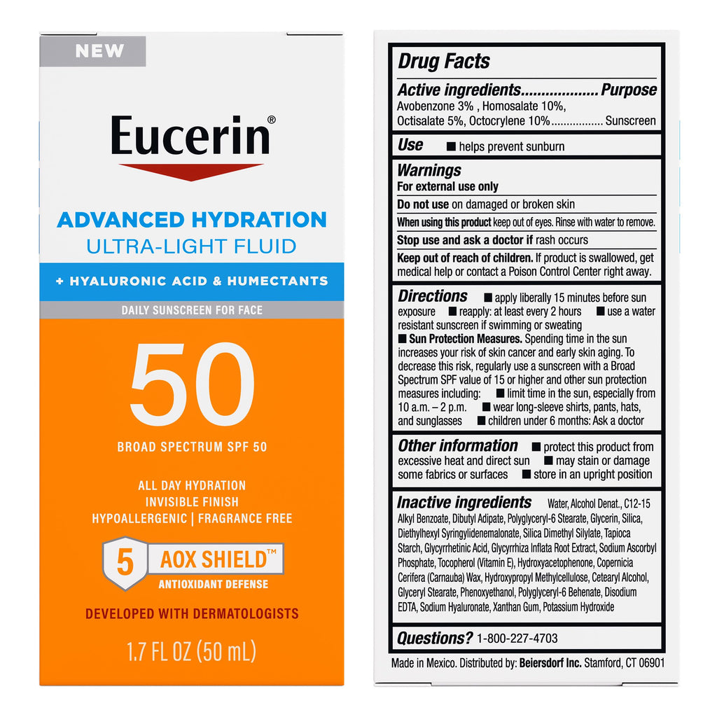 Eucerin Sun Advanced Hydration Ultra-Lightweight Face Sunscreen SPF 50 with Hyaluronic Acid & Humectants, Hydrating Sunscreen for Face, Non Comedogenic and Hypoallergenic, 1.7 Fl Oz Bottle