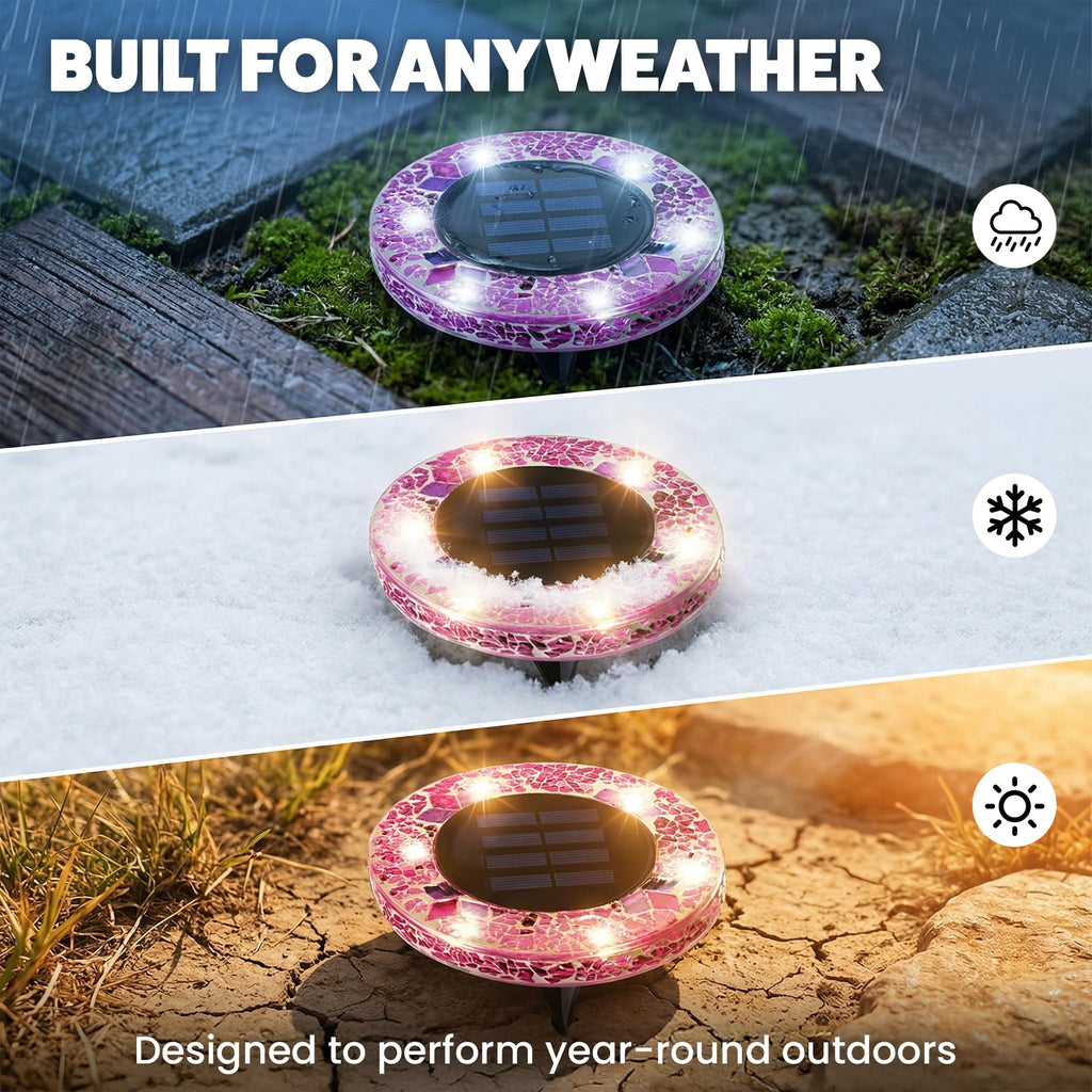 Bell+Howell 4 Pk Mosaic LED Solar Lights Outdoor Disk Pathway Lights for Landscape, Yard, Driveway, Patio, Walkway Path, Dusk to Dawn Sensors - Rose Pink