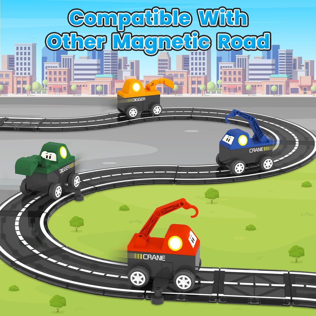 ORZbb Magnetic Tiles Truck Toddler Toys 3 4 5 Year Old Boys Girls, Magnetic Blocks Electric Engineering Vehicle - 2 Car Bases and 4 Car Bodies. Compatible with Traversable on Magnet Roads.
