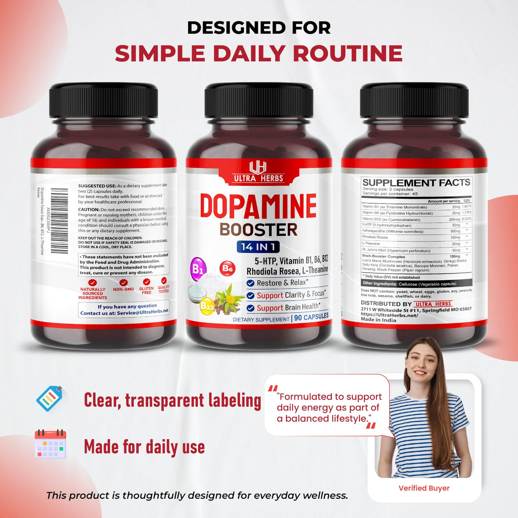 Dopamine Focus Supplement Ashwagandha 5-HTP Rhodiola Rosea St. John's Wort - Increase Memory Clarity Focus Restore Relax with VIT B1, B6, B12, L-Theanine