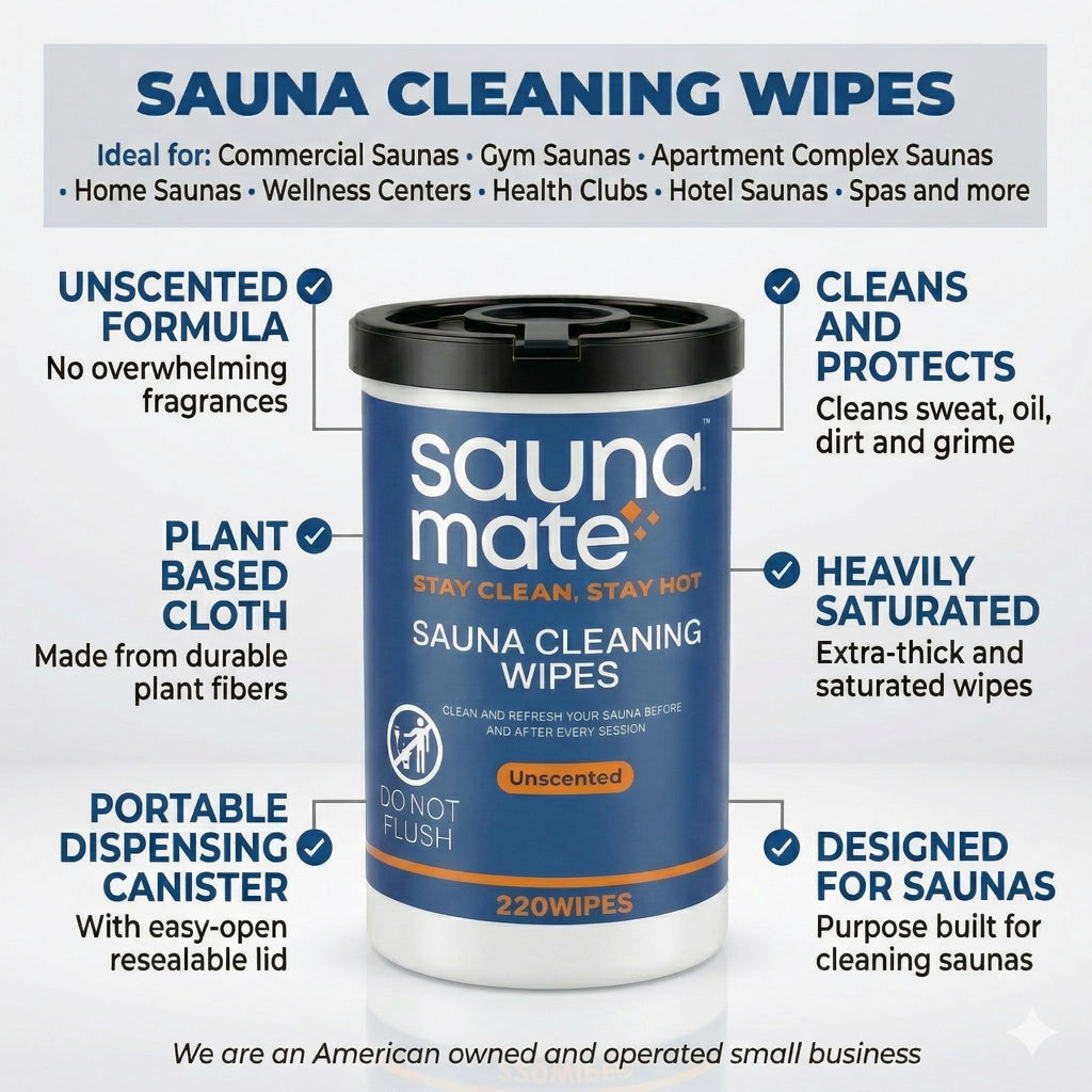SaunaMate Sauna Cleaning Wipes, 220 Count, Unscented Disposable Sauna Wipes, Cleans Sweat, Oil & Grime Between Uses, For Sauna Benches & Backrests, Home, Gym & Commercial Use