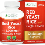 Purely Holistic Red Yeast Rice 1200mg with CoQ10 Supplement & Flush Free Niacin 120 Extra Strength Vegetarian Capsules – Advanced Healthy Heart Formula - Non-Irradiated, Citrinin Free