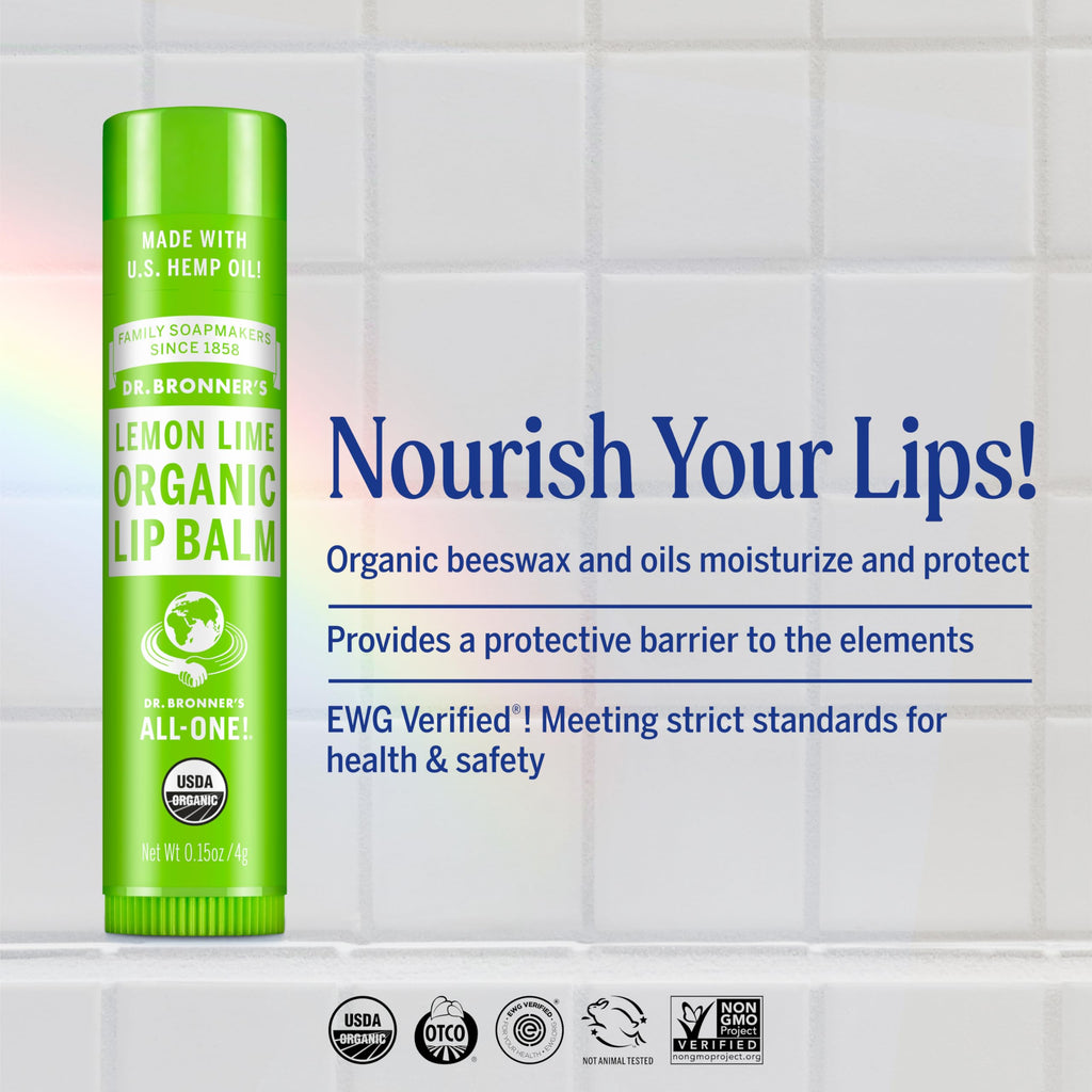 Dr. Bronner’s Organic Lip Balm 6-Pack (.15oz) Natural, Moisturizinging, Petroleum-Free Lip Balm with Beeswax & Avocado Oil for Dry Lips, Men & Women - Lemon Lime