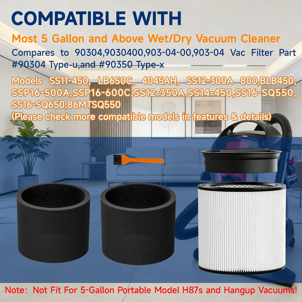 90304 Replacement Filter, 90585 Foam Sleeve Compatible with shopvac filter 90304 90350 90333 90585, Fits Most 5 Gallon and Above Wet Dry Vacuum Cleaner (1 Filters+1 Lid+2 Foam Sleeve Filter+1 Brush)