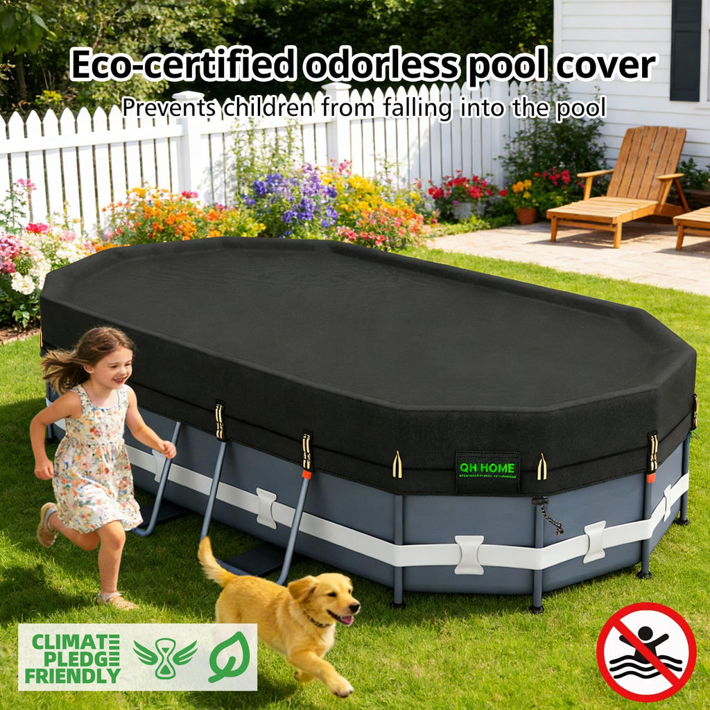 QH.HOME 550D 16x10 Ft Oval Pool Cover [Upgraded Tear Resistant & Quadruple Windpoof] wth Pre-Installed Patented Winch and Rope,Pool Covers for Above Ground Pools Oval-Snug Fit & Waterproof Protection