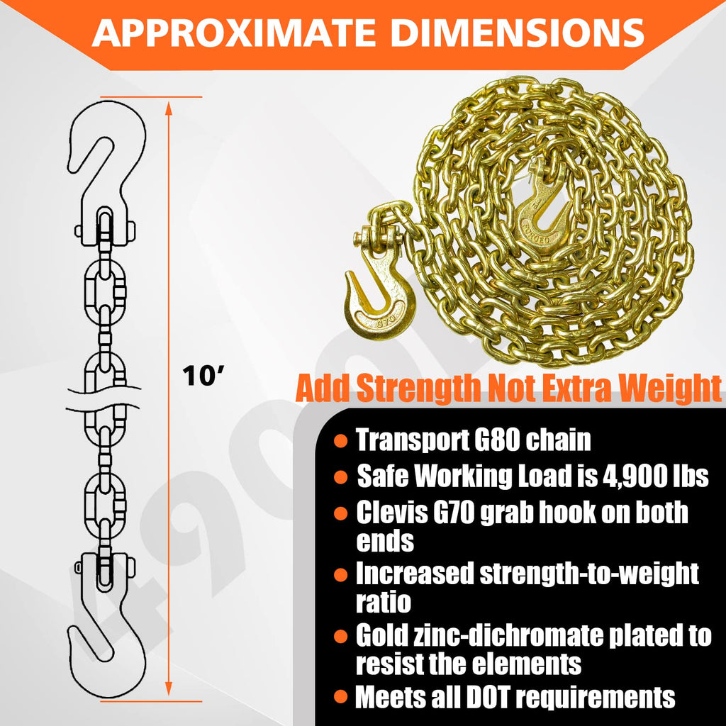 YATOINTO G80 Transport Binder Chain 5/16 Inch x 10 Foot Safety/Binder Chain with Clevis Grab Hooks 4,900 lbs Safe Working Load Logging Chain for Transporting Towing Tie Down Binding Equipment