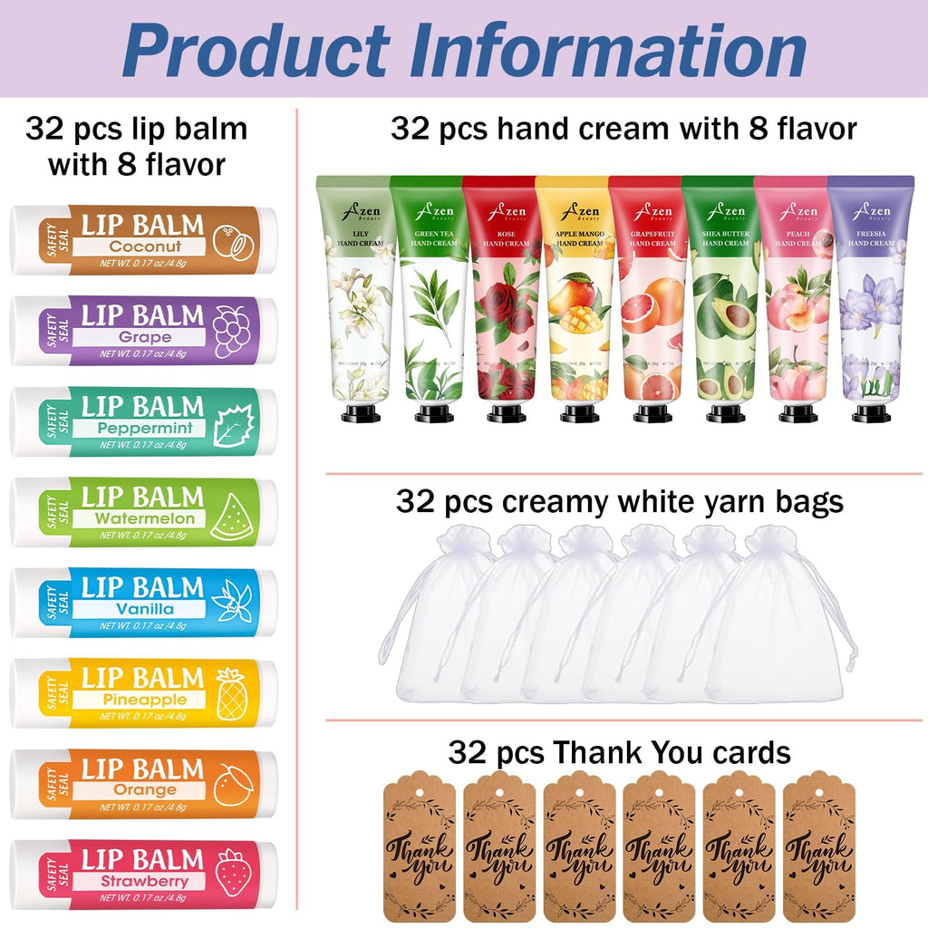 AZEN 32 Sets Bulk Gifts, Hand Cream and Lip Balm Bulk Set with Organza Bag Thank You Card, Baby Shower Wedding Gifts for Guests, Bridal Wedding Favors, Valentines Gift for Women