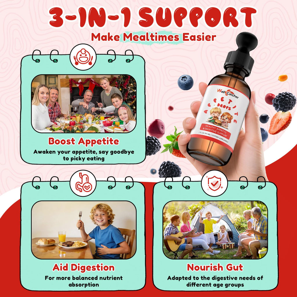 Wellcatcher Appetite Booster Drops for Kids Adults: Picky Eater Vitamins Support Gut Health Height Growth & Nutritional Balance with Bromelain Hawthorn Zinc, Sugar Free Vegan 60ML