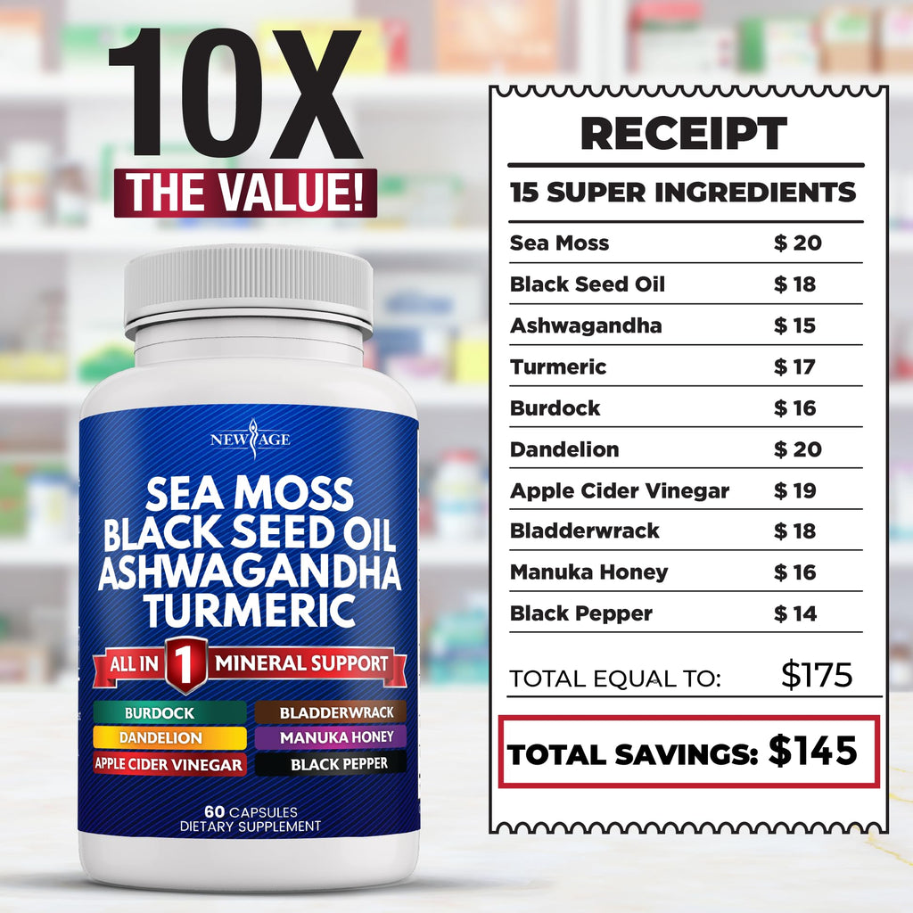 NEW AGE Silica Sea Moss, Black Seed Oil, Ashwagandha, Turmeric, Bladderwrack, Burdock - with Manuka, Honey Dandelion, ACV Black Pepper Gluten Free