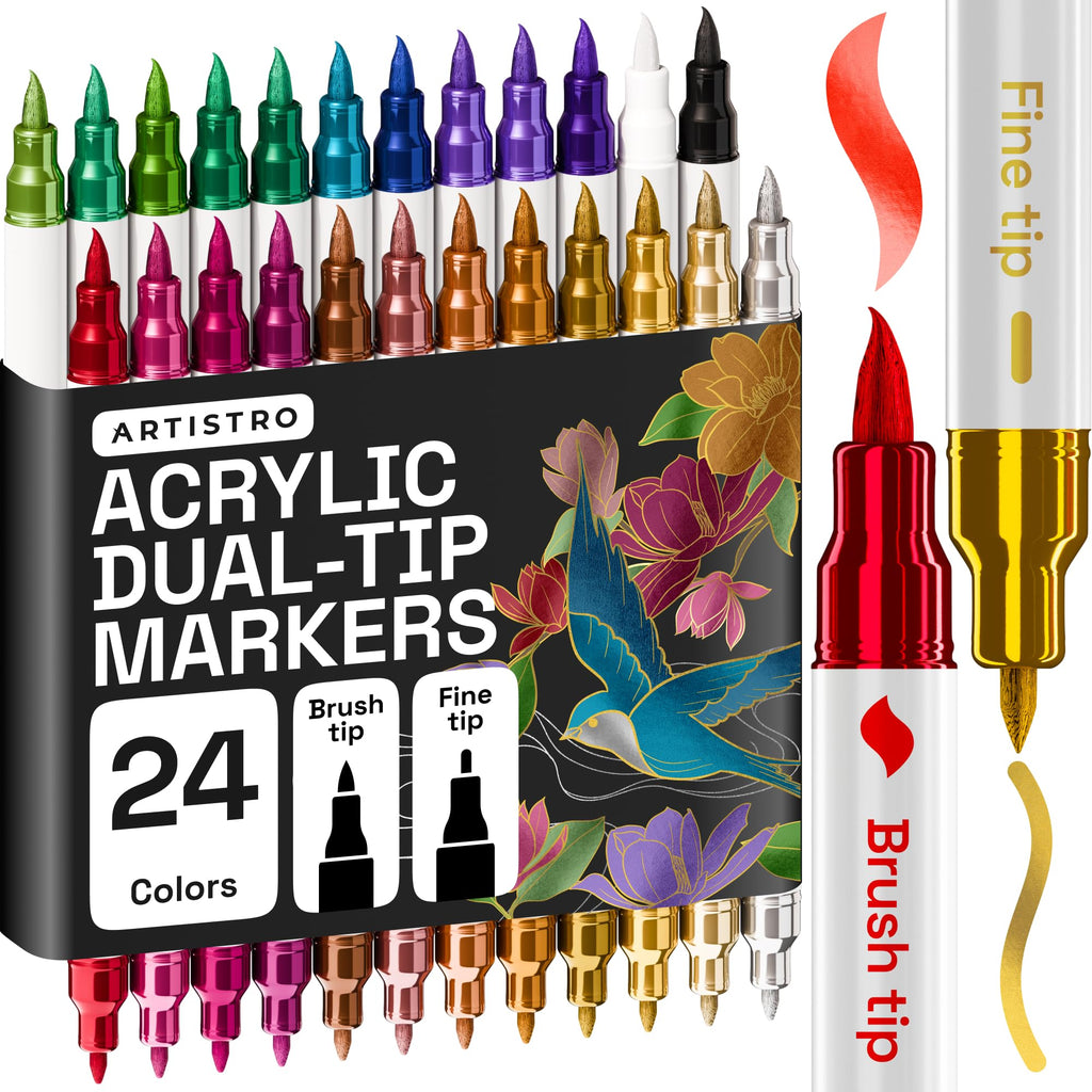 ARTISTRO 24 Metallic Dual-Tip Acrylic Paint Marker Pens for Drawing