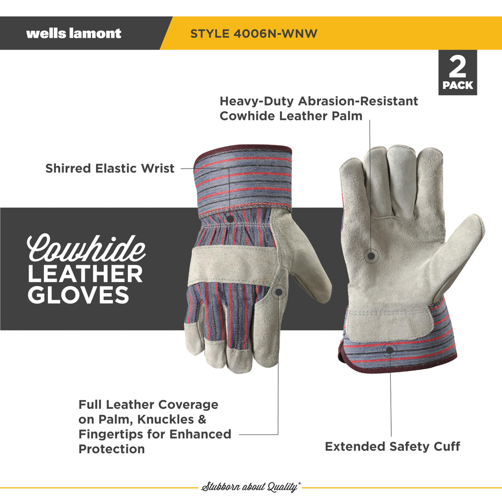 Wells Lamont 2 Pair Pack Men's Leather Work Gloves with Heavy Duty Reinforced Palms, Large (4006N-WNW), Grey
