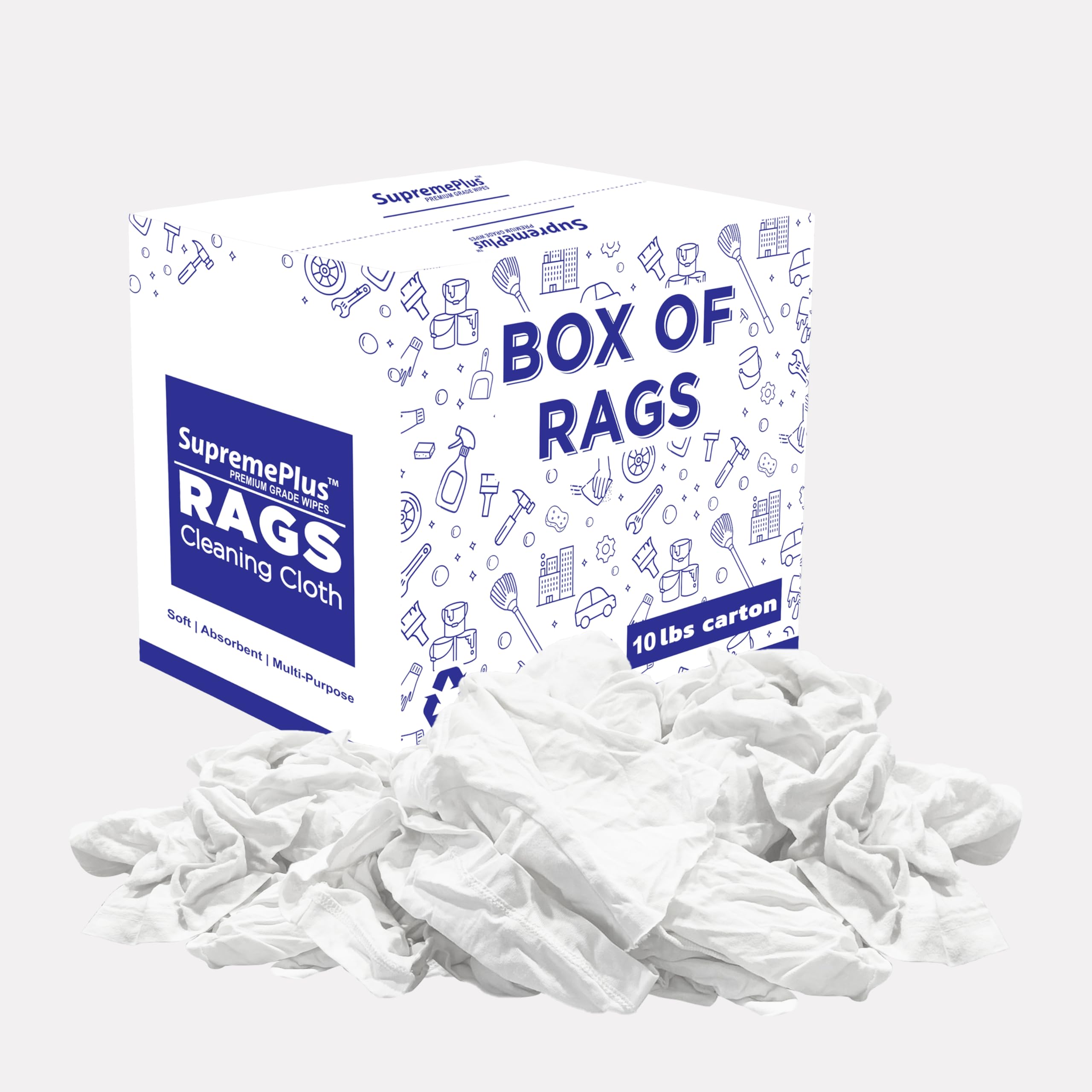 SupremePlus Recycled White T Shirt Rags Box (10 lbs.) – Shop Rags Bulk for Oil, Stain, Grease, Paint, and Auto Cleaning - Multipurpose