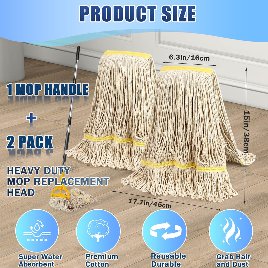 2 Pack 20ozCommercial Mop Heavy Duty Industril Cotton Mop, Cotton Commerical Industrial Grade Mop Replacements Heads for Home,mops for Floor Cleaning Heavy Duty,with 63'' Stainless Steel Mop Handle