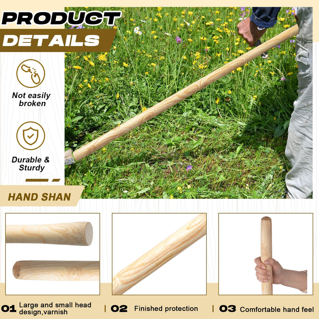 Lasnten 2 Pcs 55 Inch Pure Solid Wood Replacement Hoe Handle for Garden Digging Spading Fork, Shovel Handle Replacement, 1.38-1.77 Inch Diameter