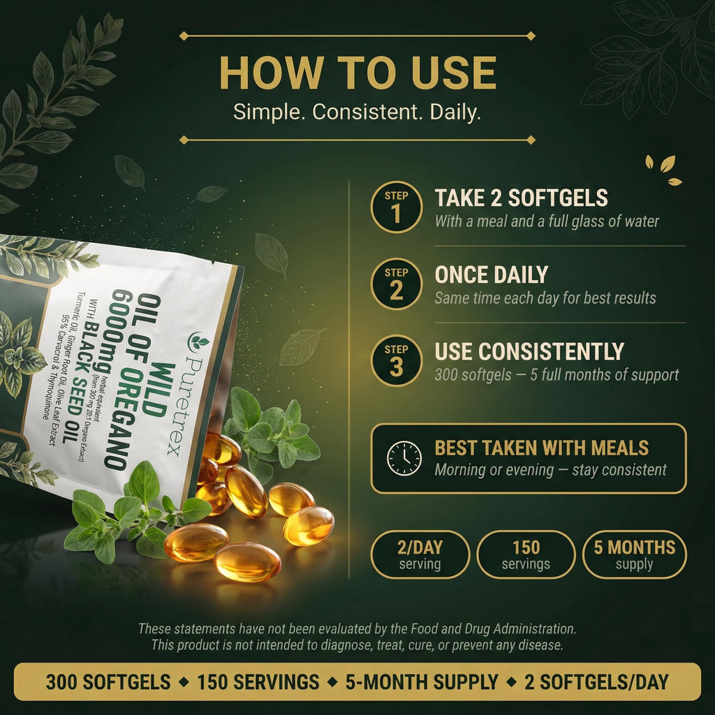 PURETREX Wild Oil of Oregano 6000mg with Black Seed, Turmeric & Ginger – 300 Softgels | 95% Carvacrol & Thymoquinone | Immune, Gut & Respiratory Support | High-Potency Herbal Complex – Vegan & Non-GMO