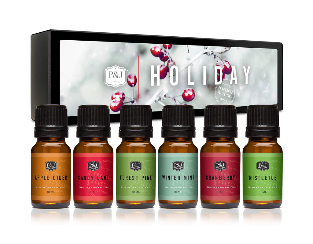 P&J Fragrance Oil Holiday Set for Christmas Home Decor | Mistletoe, Candy Cane, Wintermint, Apple Cider, Cranberry, and Forest Pine Candle Scents for Candle Making, Soap Making, Diffuser Oil Scent