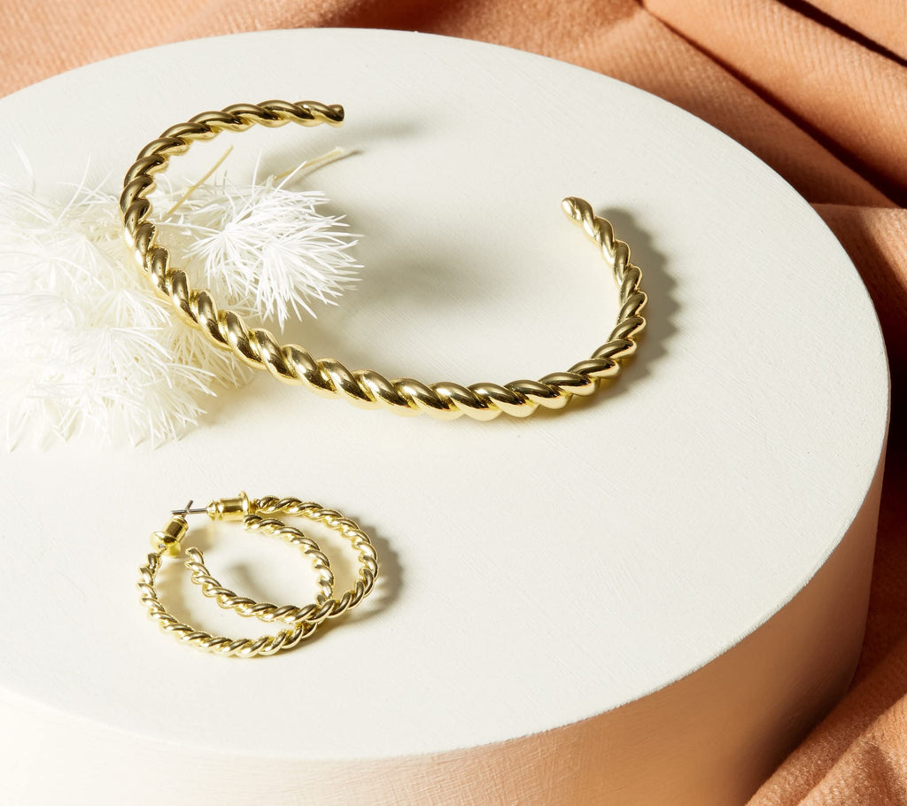 PAVOI Chunky Twisted Braided Bangle Bracelet, 14K Gold Plated, Yellow Gold