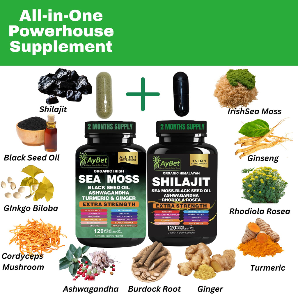 AyBet Sea Moss & Himalayan Shilajit Supplement Combo–Herbal Formula with Black Seed Oil, Ashwagandha, Rhodiola, Turmeric, Ginger – Mineral, Antioxidant Support–Organic, Halal, Vegan Capsules–240 Count
