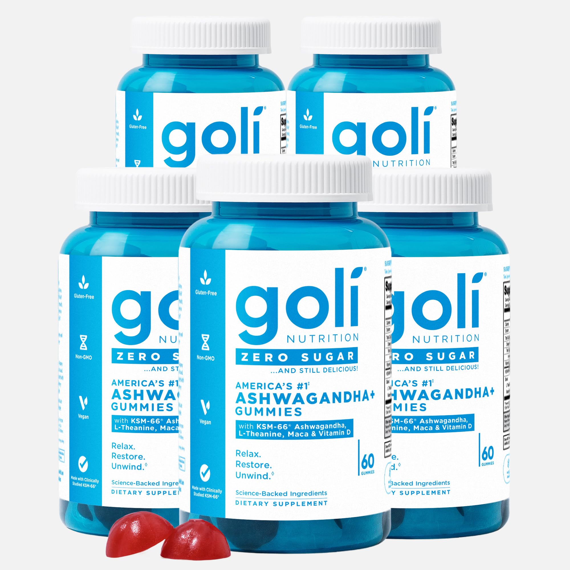 Goli Zero Sugar Ashwagandha Gummies, 60 Count Each (5 Pack, 300 Total) – with KSM-66, L-Theanine, Maca and Vitamin D - No Sugar Alcohols - Vegan, Keto-Friendly, Non-GMO