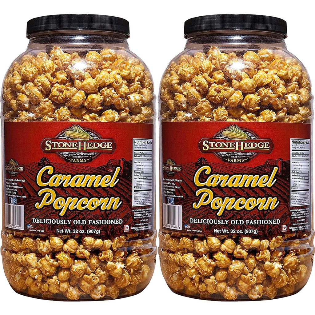 Stonehedge Farms Caramel Flavored Popcorn | 32 oz Tub (Pack of 2) | Perfect for Holidays and Christmas | Reclosable Barrels | Bulk Gourmet Popped Carmel Pop Corn