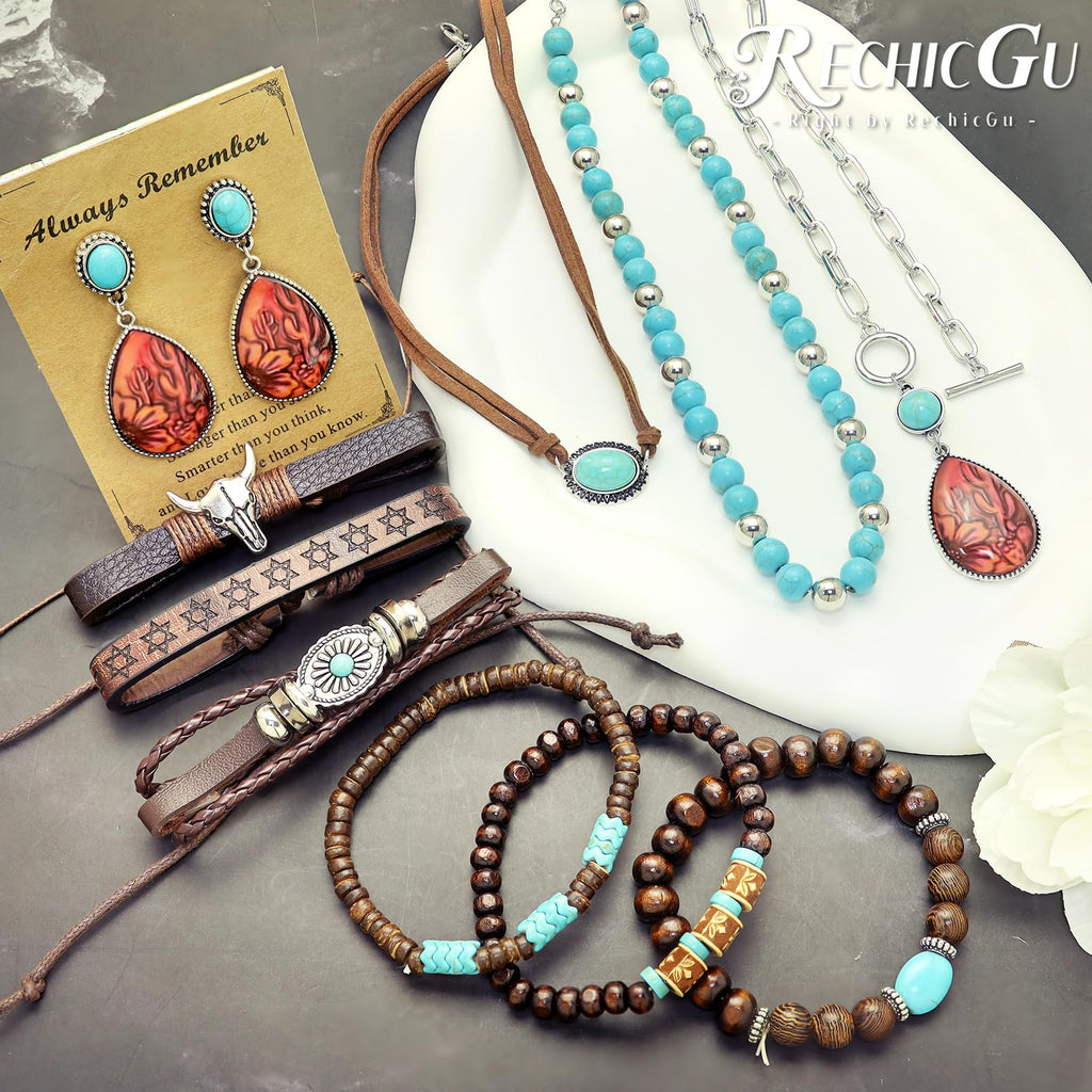 RechicGu Western Jewelry For Women Bohemian Turquoise Dangle Earrings Necklace Bracelet Set, Bullhead Pendant Layered Choker Boho Faux Leather Wristband Country Concert Cowgirl Accessories Cactus E