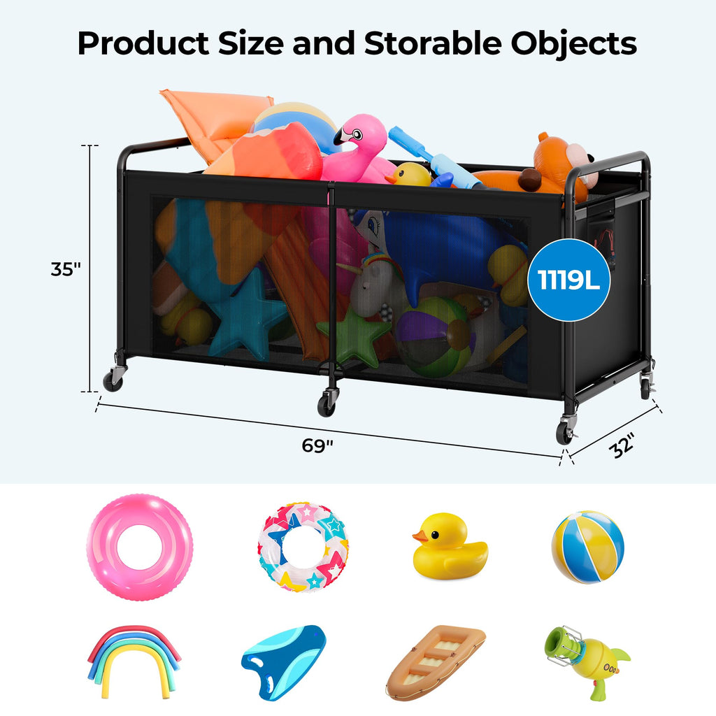 StorageWorks 295 Gallon Pool Float Storage, Mesh Pool Toy Storage Bin with Wheel and Side Pockets, Large Swimming Organizer, Outdoor Noodles Holder, Black