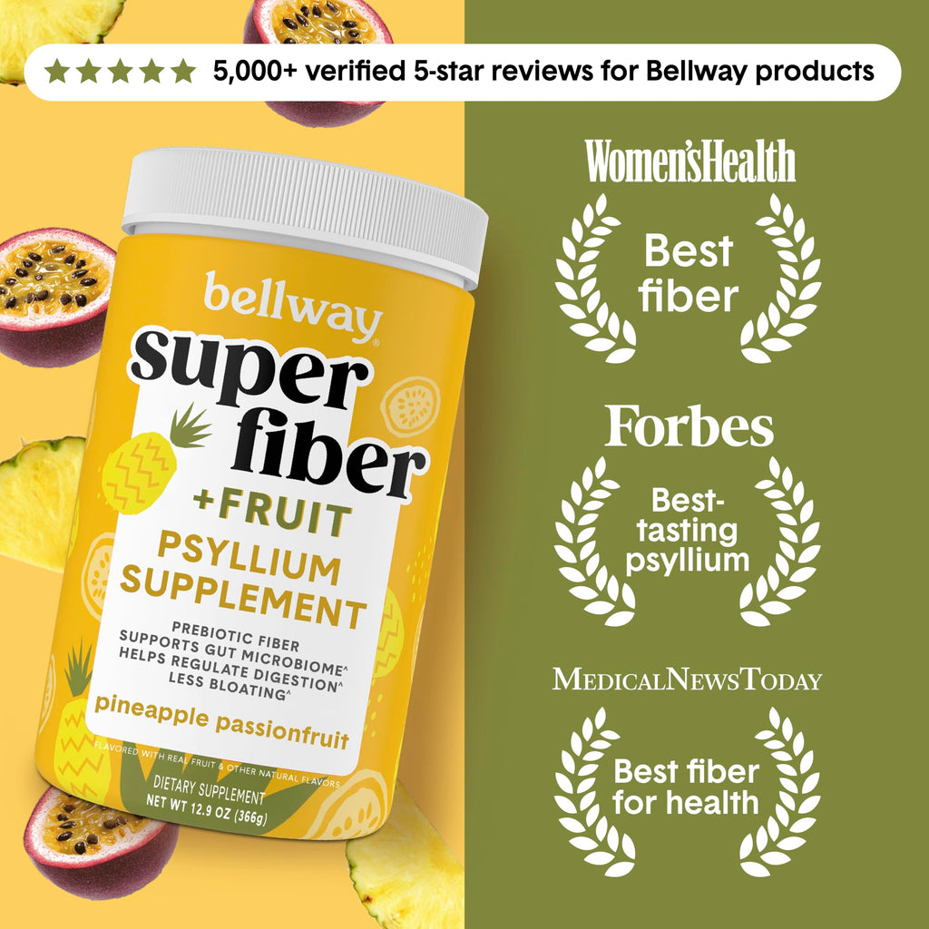 Bellway Super Fiber Powder + Fruit, Sugar Free Organic Psyllium Husk Powder Fiber Supplement for Regularity, Bloating Relief & Digestive Health, Plant-Based, Pineapple Passion Fruit (50 Servings)