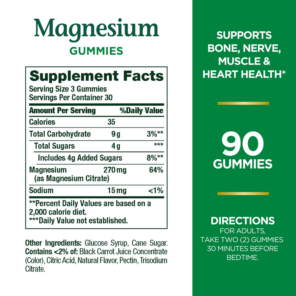 Nature's Bounty Magnesium Citrate Gummies for Adults,Supports General Health,Bone,Nerve,Muscle & Heart Health Support,270mg per Serving,Vegan,Non-GMO - Raspberry,90 Count (Pack of 2)