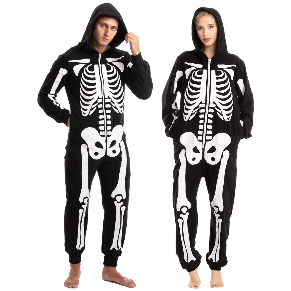 Spooktacular Creations Halloween Skeleton Costume, Adult Skeleton Costume, Unisex Adult Jumpsuit Plush Hoodie, Zipper Jumpsuit for Men Women Halloween Dress-up Cosplay Themed Parties Black