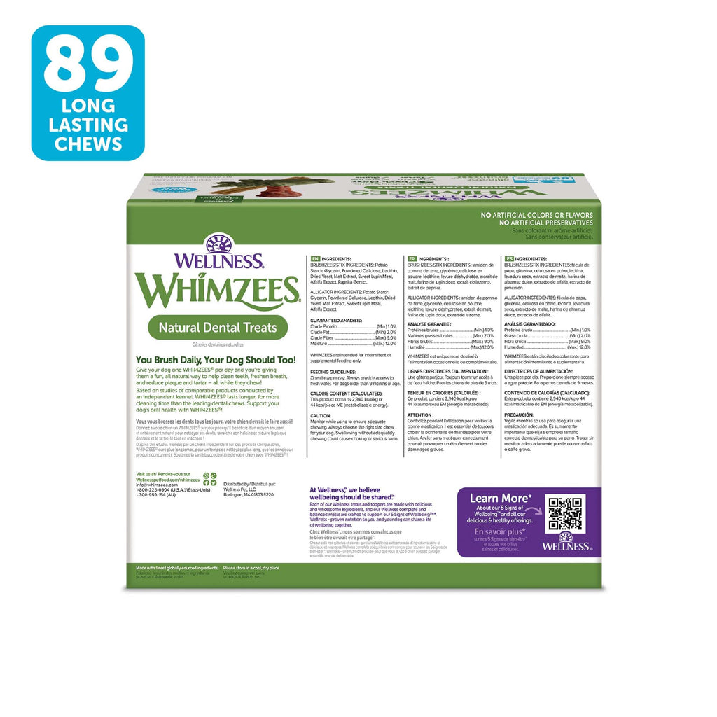 Wellness WHIMZEES Value Pack Natural Dog Dental Treat, Chews, Freshens Breath, Small Size, 47.1 oz Box, 89 Count