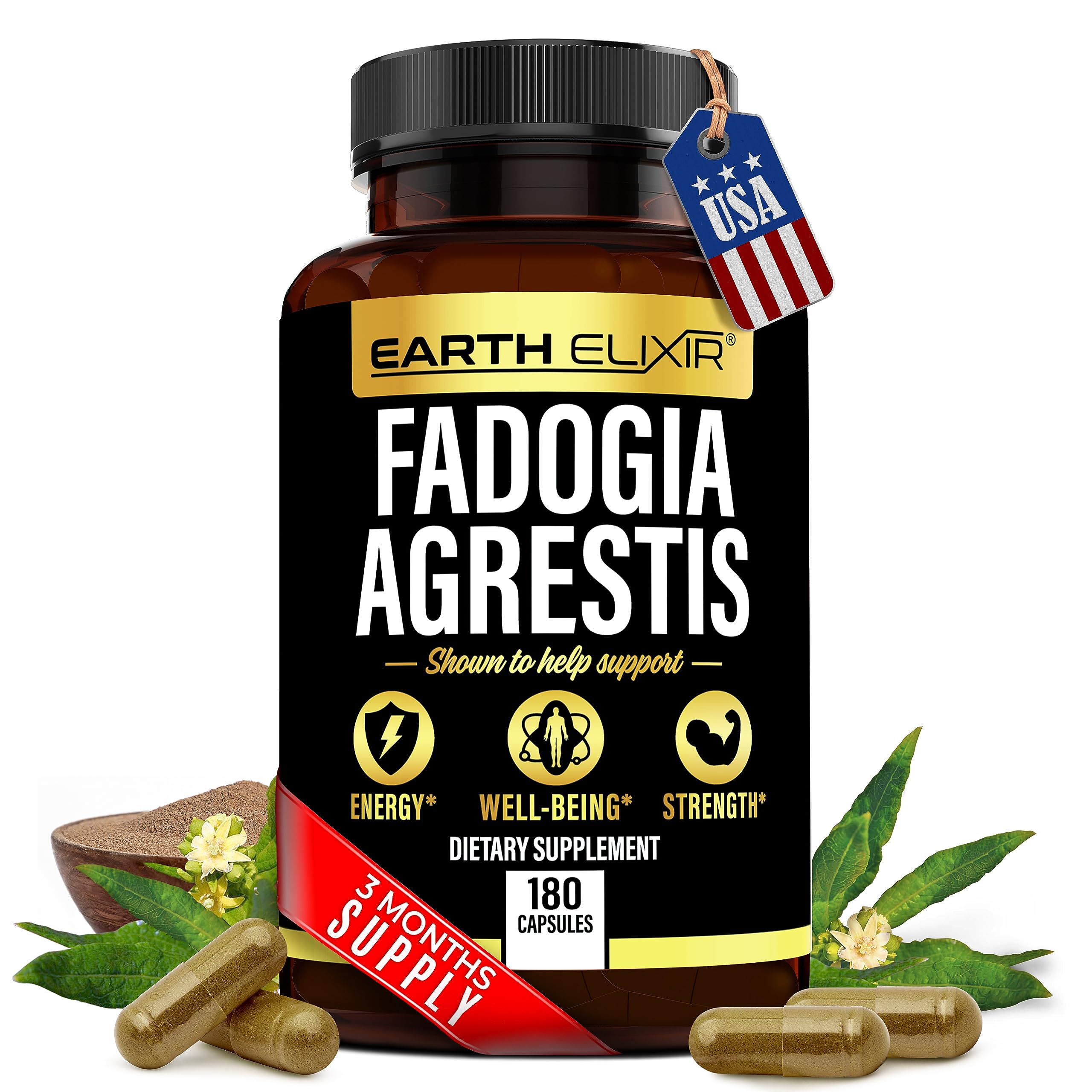 Earth Elixir Fadogia Agrestis Supplement 900mg (180 Capsules) - Made in USA - 3 Month Supply - 3rd Party Tested - Fadogia Agrestis Extract -Max Purity – 100% Pure – Fadogia Agrestis Capsules