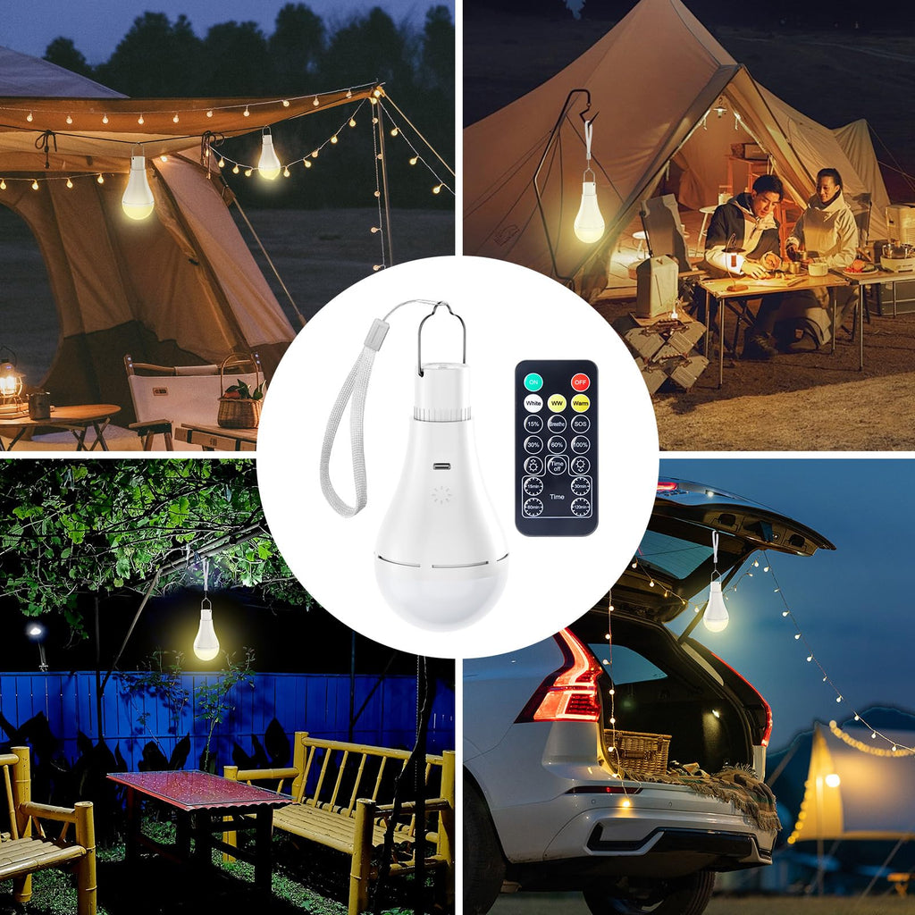Brightown E26 Rechargeable Light Bulb with Remote and Timer, Battery Backup Bulb for Sconces and Lamps, Hanging LED Light Bulb with Hook for Camping Tent, Dimmable, 3 Color Temperatures, 2 Pack