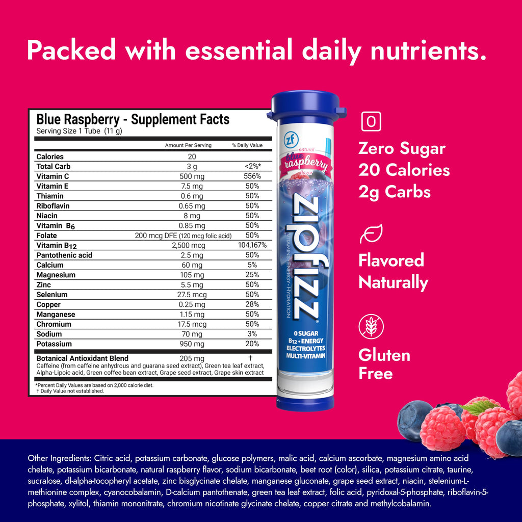 Zipfizz Energy Drink Powder, 20 Pack B12 Electrolyte - Blue Raspberry