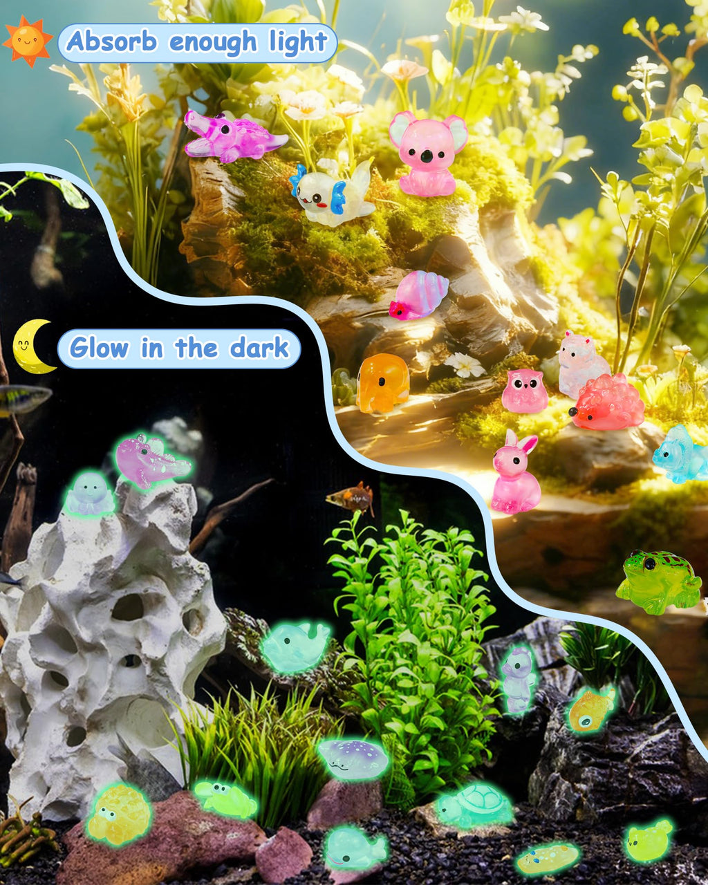 FIVEIZERO 100PCS Luminous Mini Resin Terrestrial Animals Bulk - 20 Styles Glow in The Dark Plastic Tiny Land Animal Figures for Dollhouse, Fairy Garden, Aquarium, Party Favors & DIY Craft Decor