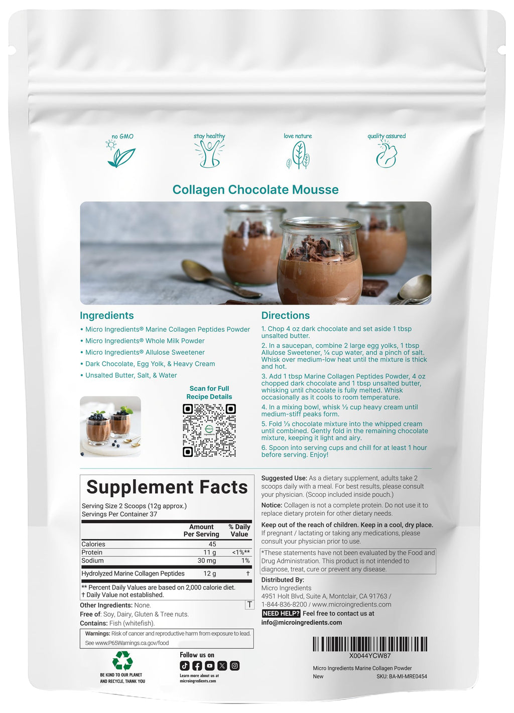 Micro Ingredients Marine Collagen Peptides Powder, 1 lb | Type I Marine Collagen + Natural Protein | Wild-Caught Fish Source | Unflavored | Pescatarian, Non-GMO